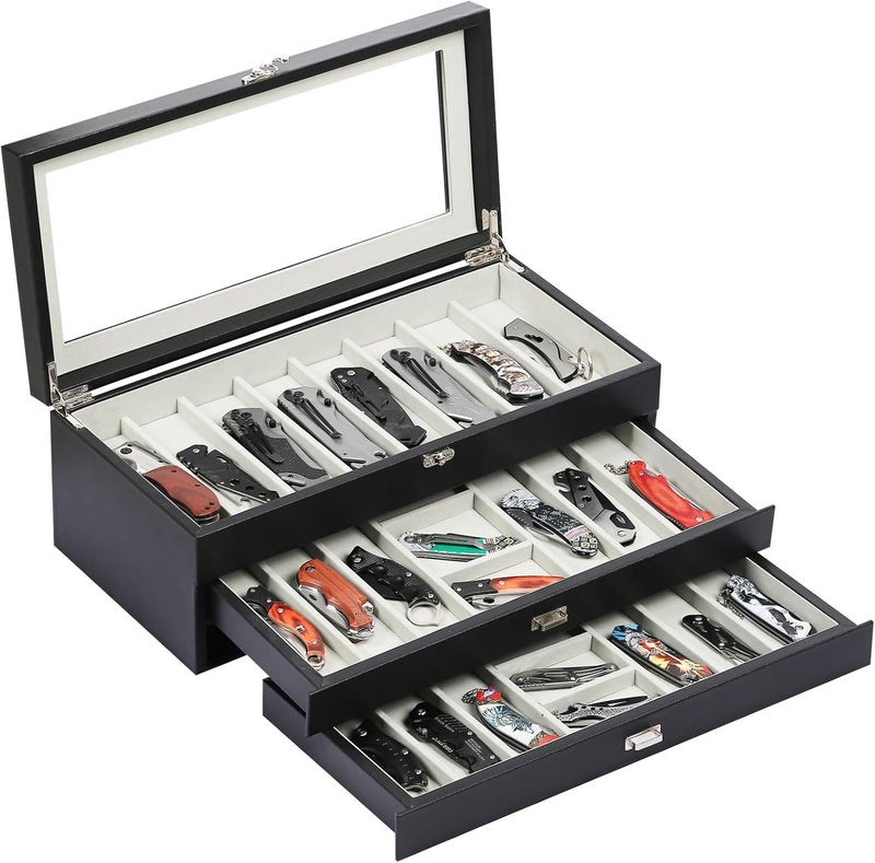 AUTOARK 3-Tier PU Leather & Velvet Knife Organizer with 26 Slots,Transparent Glass Top & Drawer,Compact Storage for Pocket Knives,Ideal for Men's Collections & Gifts,Black,MKAW016 - Image 1